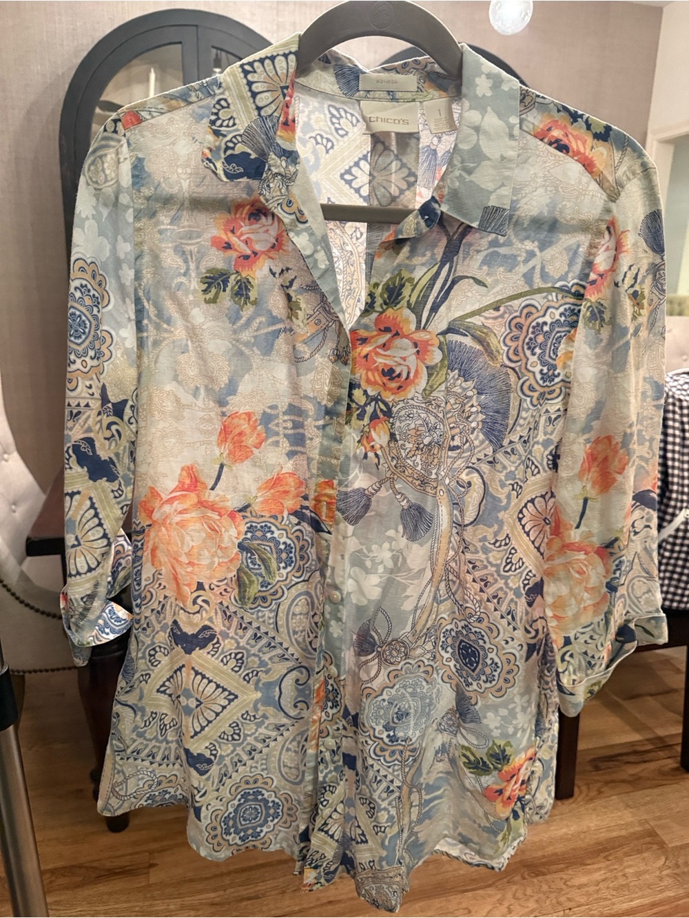 Chico's Paisley Floral Button-Down Blouse in Light Blue and Coral